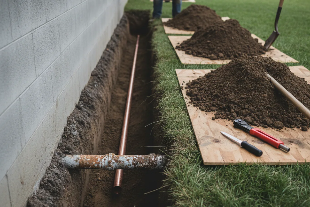 Excavated water line trench during Sewer Line Repair in West Wareham